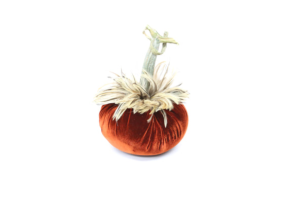 8" Velvet Pumpkin with Feathers