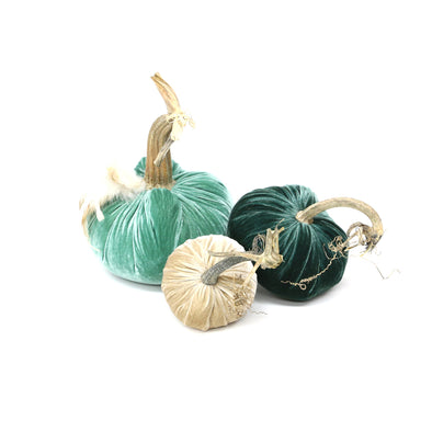 Velvet Pumpkin Trio with Feathers - Turquoise